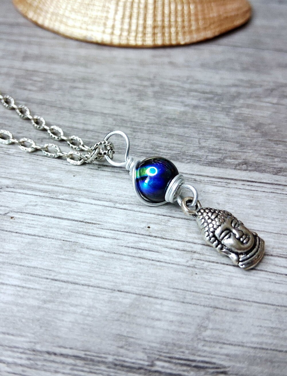 Iridescent Blue Glass Bead Buddha Pendant Choker Necklace - Silver Tone